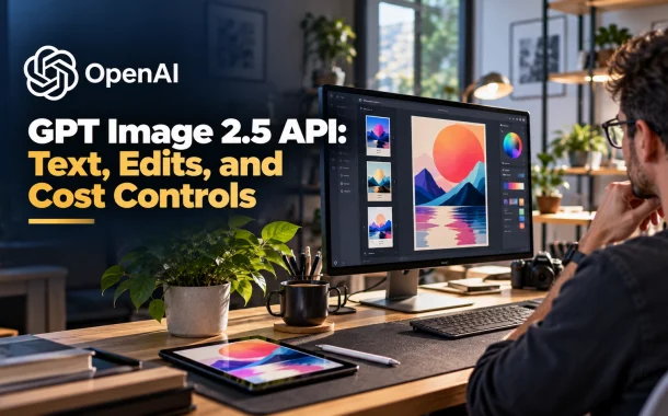 GPT Image 2.5 API workflow for text, edits, and cost controls on a designer’s desk