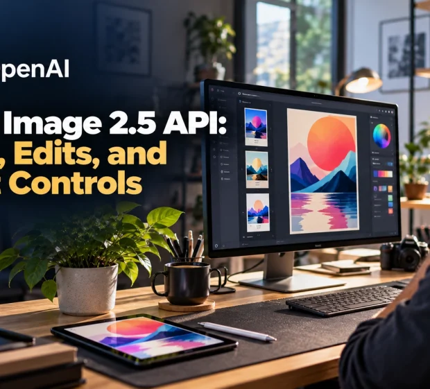 GPT Image 2.5 API workflow for text, edits, and cost controls on a designer’s desk