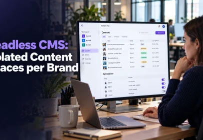 Content manager reviewing separate brand workspaces in a headless CMS dashboard with isolated content spaces per brand