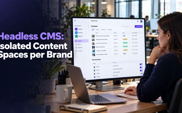 Content manager reviewing separate brand workspaces in a headless CMS dashboard with isolated content spaces per brand