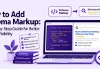 How to add schema markup step-by-step guide showing JSON-LD code and a rich search result on a laptop