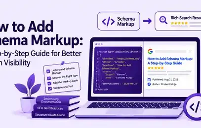 How to add schema markup step-by-step guide showing JSON-LD code and a rich search result on a laptop