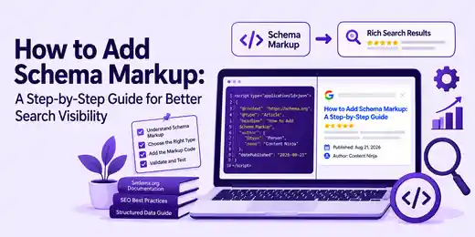 How to add schema markup step-by-step guide showing JSON-LD code and a rich search result on a laptop