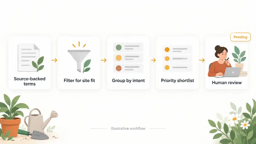 Keyword gap analysis workflow for small sites: source-backed terms, filter for site fit, group by intent, priority shortlist, human review