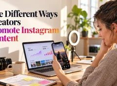 A content creator reviewing an Instagram Reel on a smartphone at a home studio desk, beside the heading “The Different Ways Creators Promote Instagram Content.”