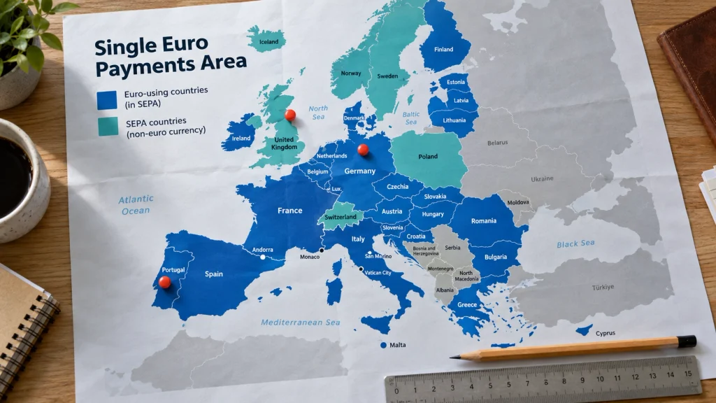 Printed map of Europe showing SEPA countries, with euro countries and non-euro SEPA countries in two colors.