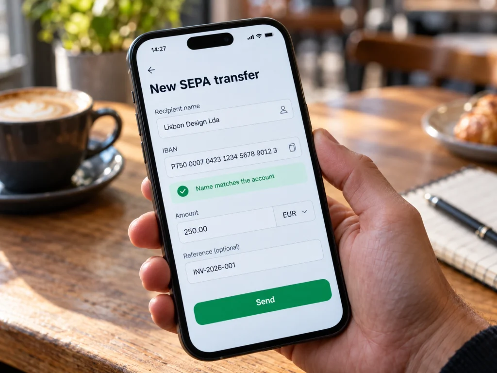 A banking app shows a SEPA transfer screen with a green Verification of Payee name match.