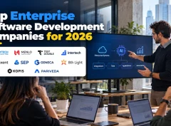 A professional editorial feature image highlighting 10 enterprise software development companies for 2026. A software consultant presents an enterprise systems diagram covering AI, integrations, data, applications, and automation to colleagues in a modern office.