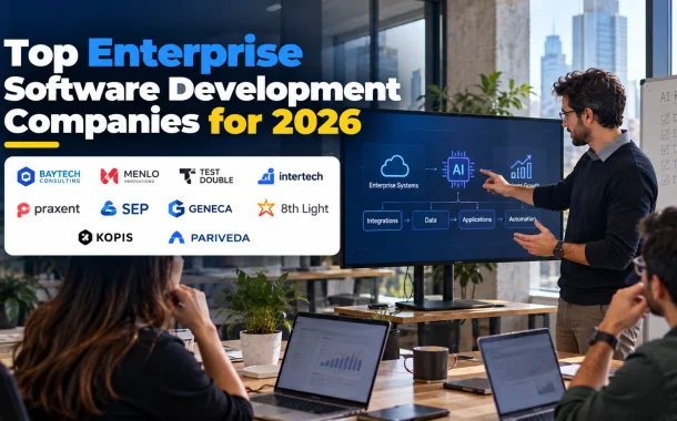 A professional editorial feature image highlighting 10 enterprise software development companies for 2026. A software consultant presents an enterprise systems diagram covering AI, integrations, data, applications, and automation to colleagues in a modern office.