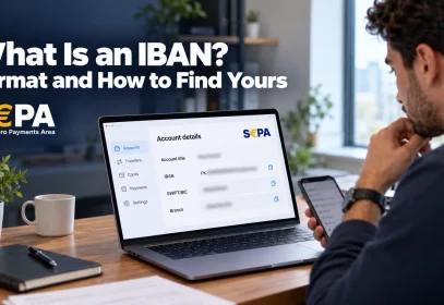 What is an IBAN: a professional checks the IBAN and SWIFT code on his bank account details screen.