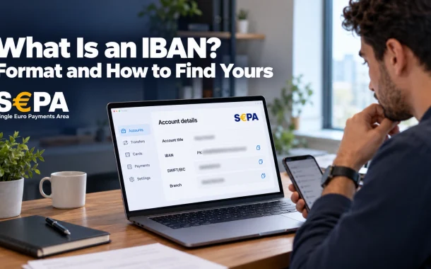 What is an IBAN: a professional checks the IBAN and SWIFT code on his bank account details screen.
