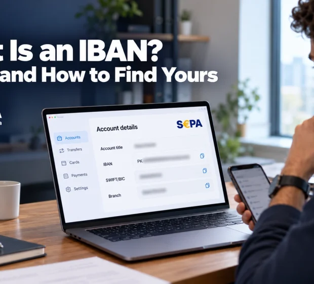 What is an IBAN: a professional checks the IBAN and SWIFT code on his bank account details screen.