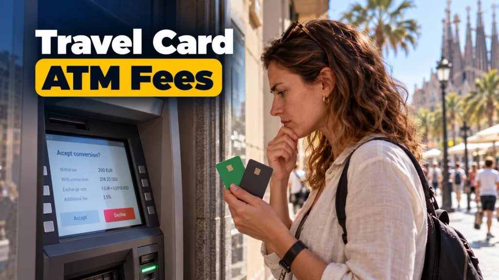 Wise vs Revolut for travel: a traveller chooses between two debit cards at an ATM and declines conversion.